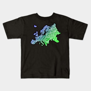 Colorful mandala art map of Europe with text in blue and green Kids T-Shirt